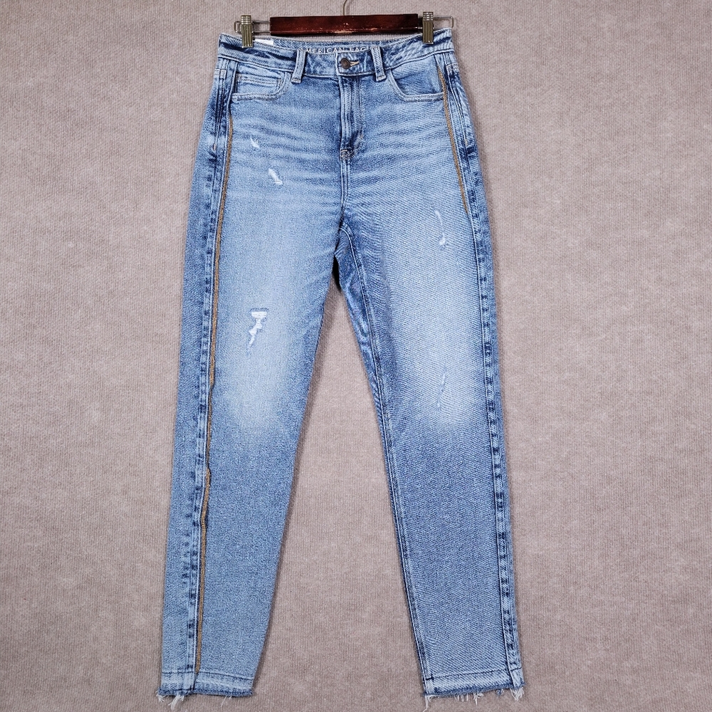 American Eagle Jeans Womens 4 Mom Jean Blue Denim Classic Style Inside Out Hem